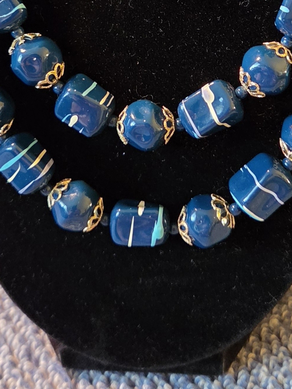 VTG 1950s Mid Century Teal Blue Striped Bead Double Strand Necklace Earring Set - Picture 4 of 7